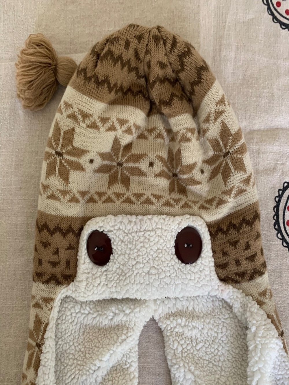 Brown Tan Nordic Snowflake Knit Earflap Hat Sherpa Lined Tassel Ties